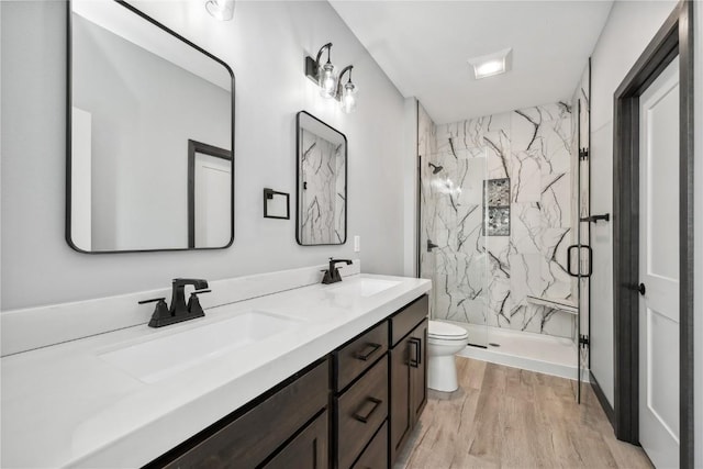 bathroom with toilet, vanity, wood-type flooring, and walk in shower