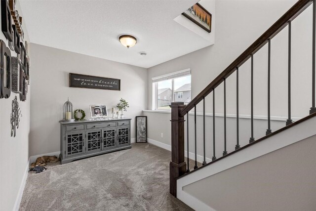 foyer featuring carpet and a textured ceiling