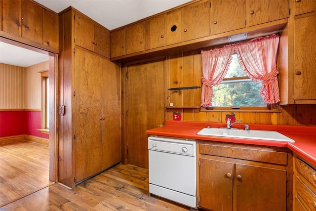 kitchen with sink, dishwasher, and light hardwood / wood-style flooring