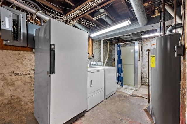 basement featuring water heater, separate washer and dryer, and electric panel