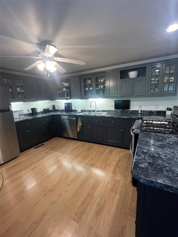 kitchen with appliances with stainless steel finishes, light wood-style floors, glass insert cabinets, a sink, and dark cabinets