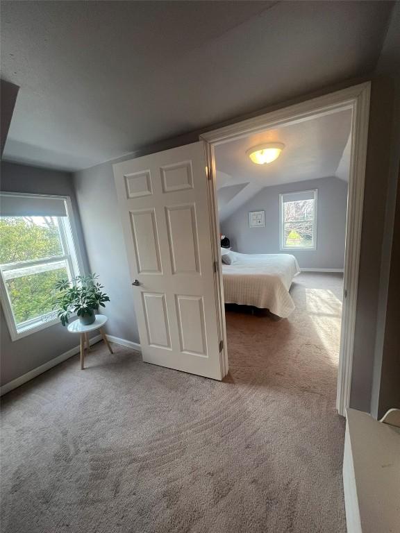 unfurnished bedroom with lofted ceiling, light carpet, and baseboards