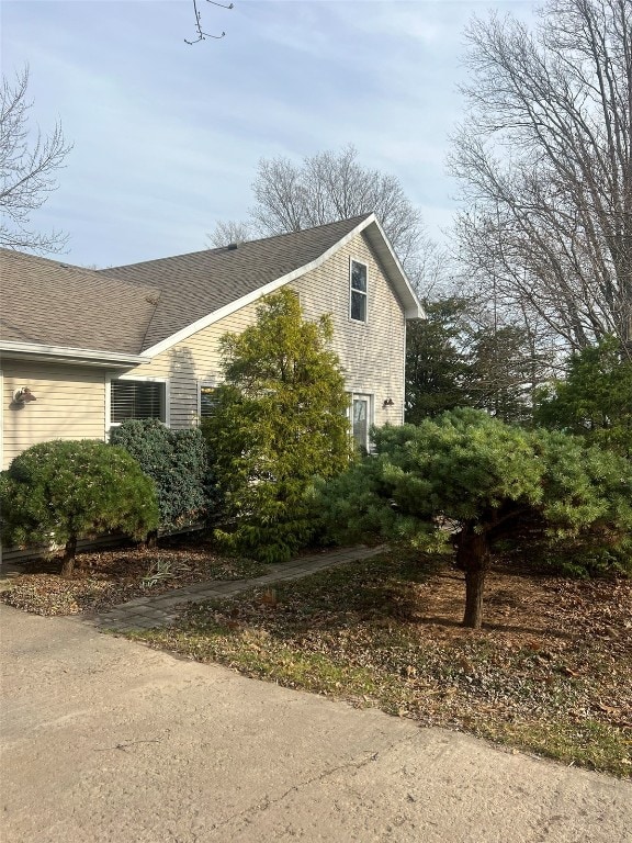 view of property exterior with roof with shingles