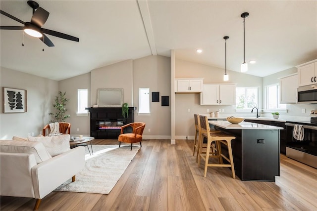 kitchen featuring stainless steel appliances, a sink, open floor plan, light wood-type flooring, and a center island