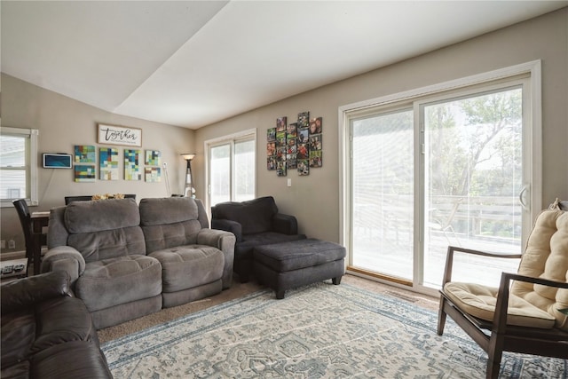 living room with lofted ceiling and plenty of natural light