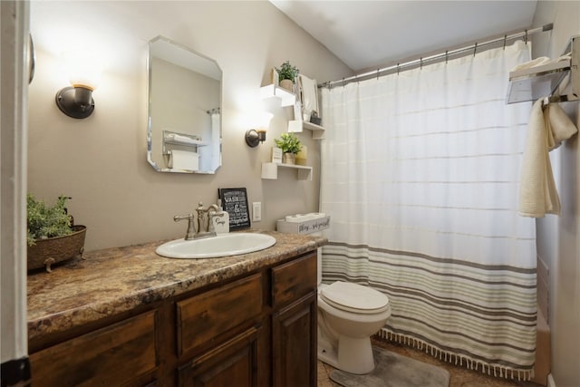 full bathroom with vanity, toilet, and shower / bathtub combination with curtain