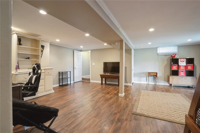 office featuring hardwood / wood-style flooring and ornamental molding