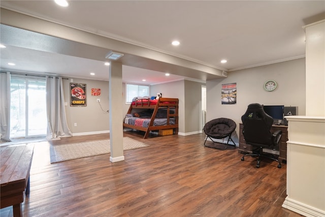 office space with crown molding and dark hardwood / wood-style floors