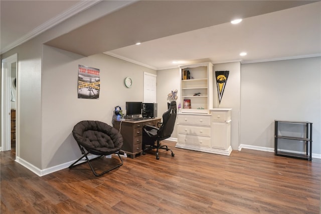 home office featuring crown molding and dark wood-type flooring