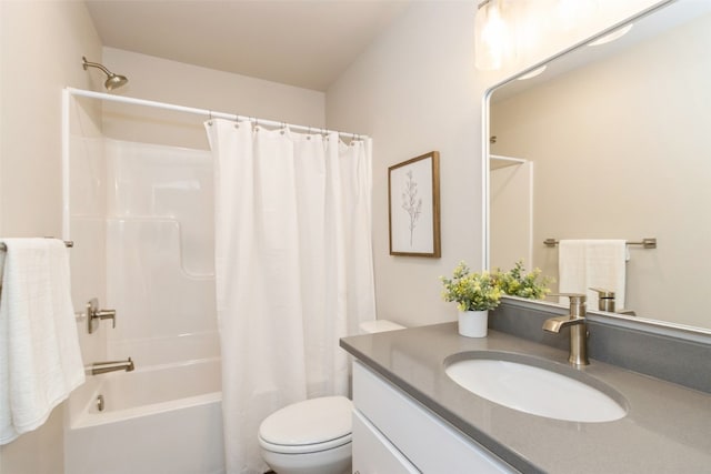 full bathroom with shower / bath combo, toilet, and vanity