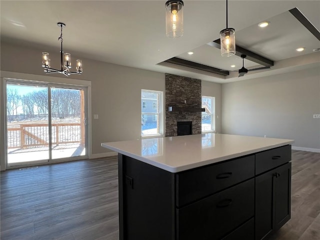 kitchen with open floor plan, a stone fireplace, wood finished floors, and a wealth of natural light