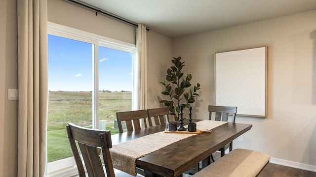 dining room featuring dark hardwood / wood-style flooring and a healthy amount of sunlight