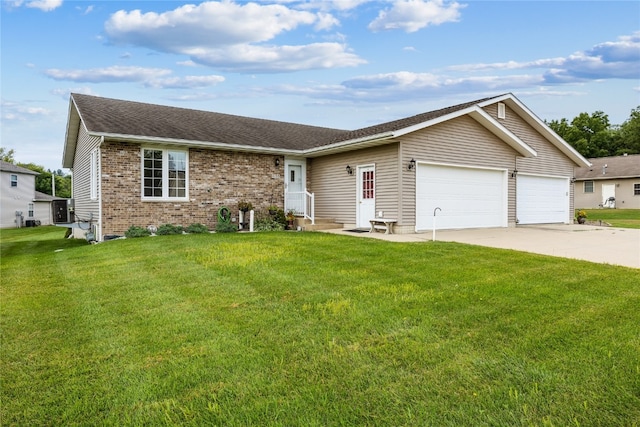 ranch-style home featuring central AC, a front lawn, and a garage