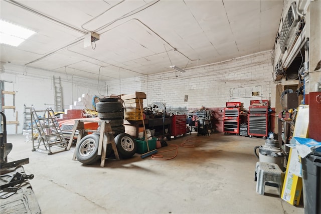 garage with a workshop area