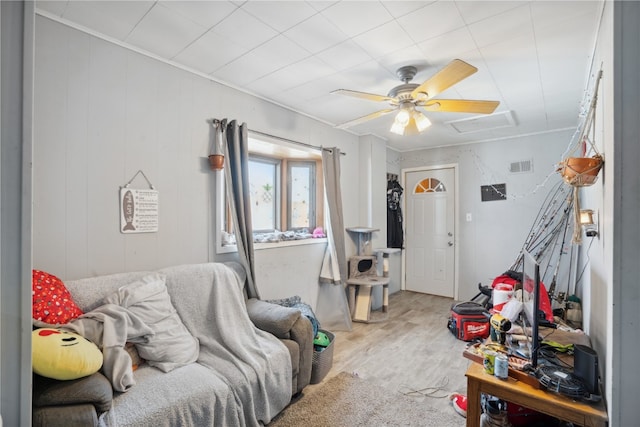 bedroom featuring ceiling fan and light wood-type flooring