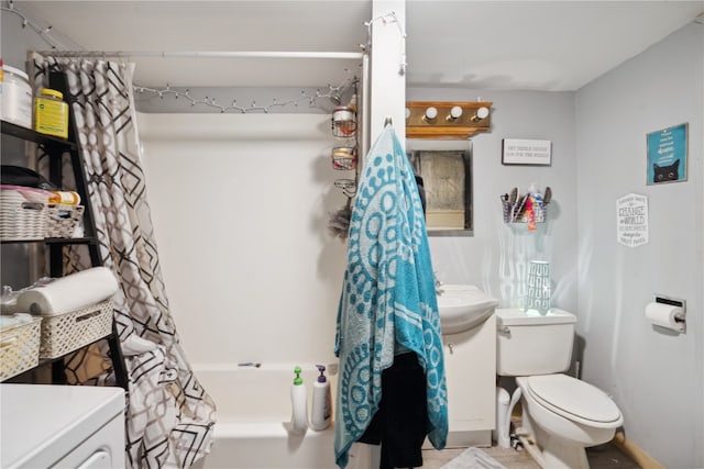 full bathroom with vanity, shower / bathtub combination with curtain, and toilet