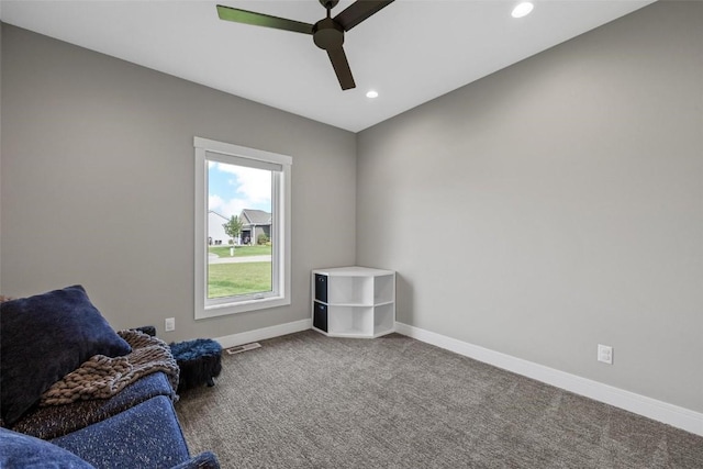 unfurnished room with recessed lighting, a ceiling fan, visible vents, baseboards, and carpet