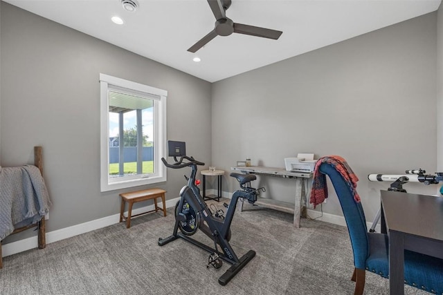 workout room featuring carpet floors, baseboards, a ceiling fan, and recessed lighting