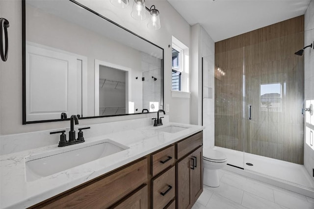 bathroom with vanity, toilet, and walk in shower