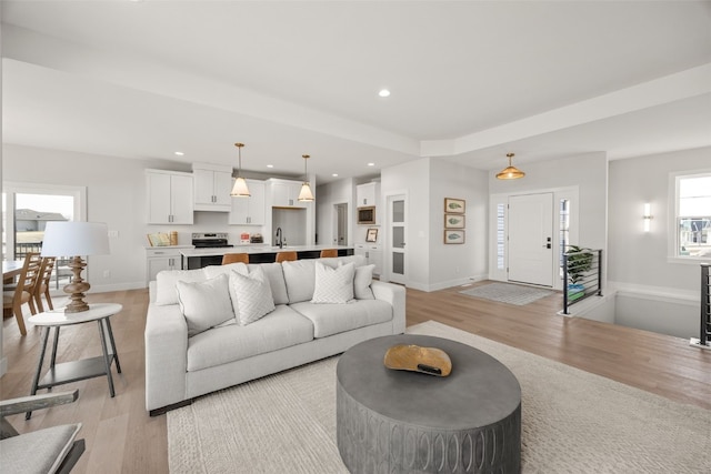 living area with baseboards and light wood-style floors