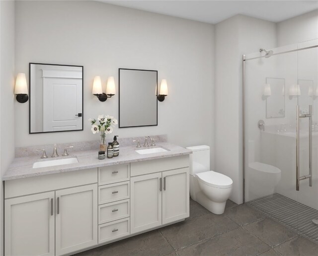 1500 Main St Unit 208, Ely, IA 52227 - bathroom featuring vanity, toilet, an enclosed shower, and tile patterned floors