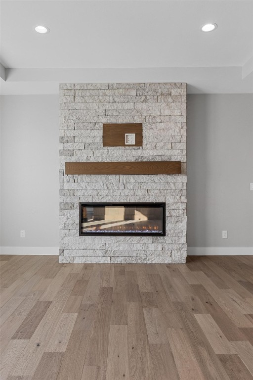 room details with a fireplace and hardwood / wood-style floors