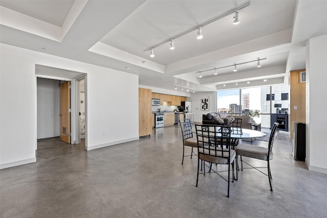 dining area featuring a raised ceiling and rail lighting