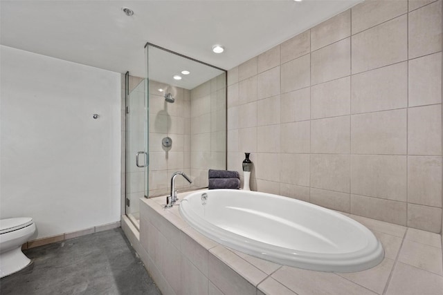 bathroom featuring tile walls, separate shower and tub, toilet, and tile patterned floors