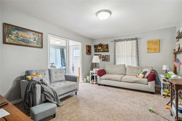 living room featuring a textured ceiling and light colored carpet