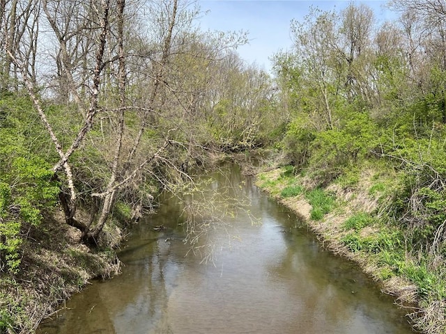 view of water feature with a forest view