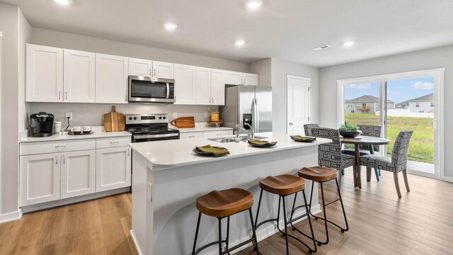 kitchen featuring white cabinetry, stainless steel appliances, sink, and a center island with sink