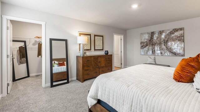 carpeted bedroom with a spacious closet and a closet