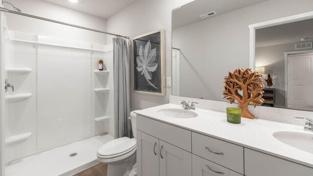 bathroom with vanity, toilet, and a shower with shower curtain