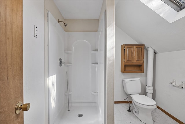 bathroom featuring walk in shower, vaulted ceiling, toilet, and tile patterned floors