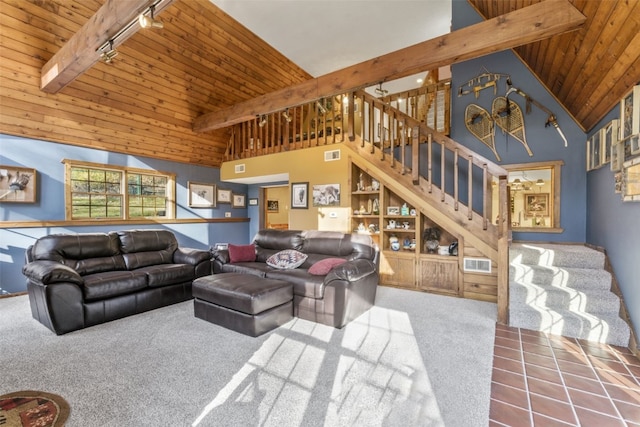 living room featuring carpet, wooden ceiling, high vaulted ceiling, rail lighting, and beamed ceiling