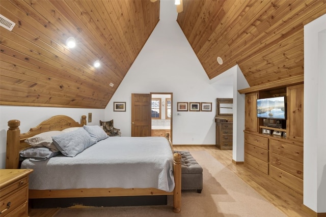 bedroom featuring light carpet, connected bathroom, high vaulted ceiling, and wood ceiling