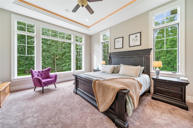 bedroom featuring multiple windows, a raised ceiling, and ceiling fan