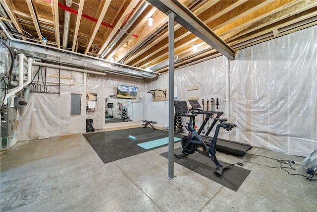 workout area with electric panel and concrete floors