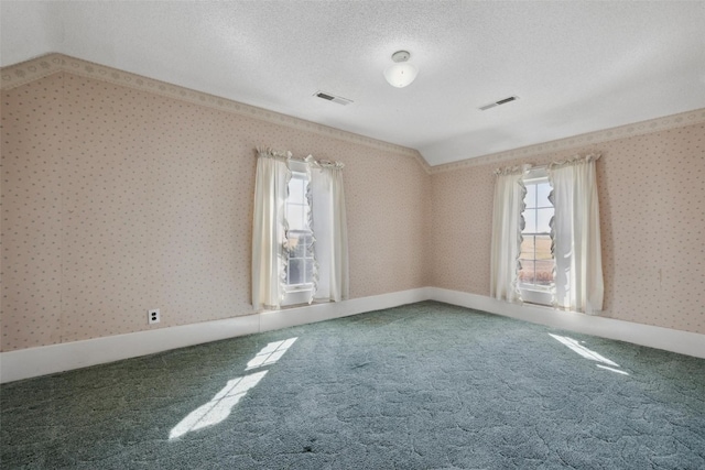 empty room with a textured ceiling, carpet, and lofted ceiling