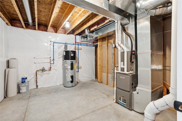 basement featuring hybrid water heater and heating unit