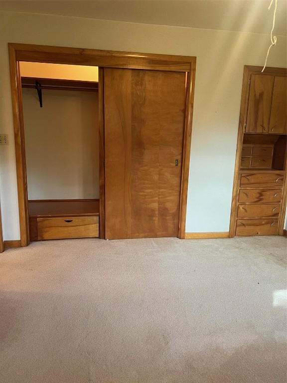 unfurnished bedroom featuring light colored carpet and a closet