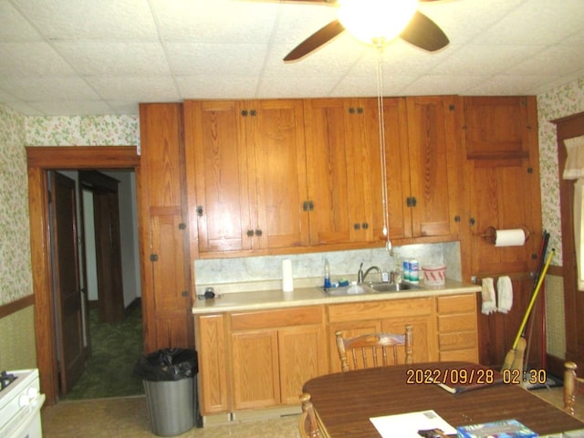 kitchen with ceiling fan, sink, and white stove