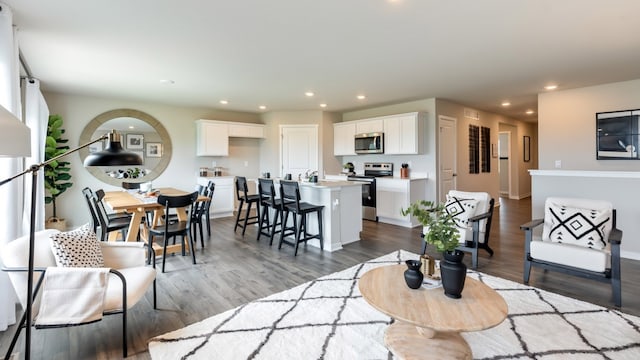 living room featuring hardwood / wood-style floors and sink