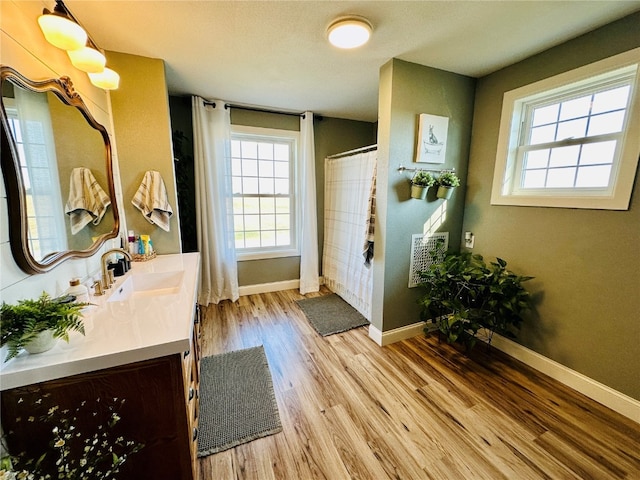 bathroom with vanity, walk in shower, and wood-type flooring