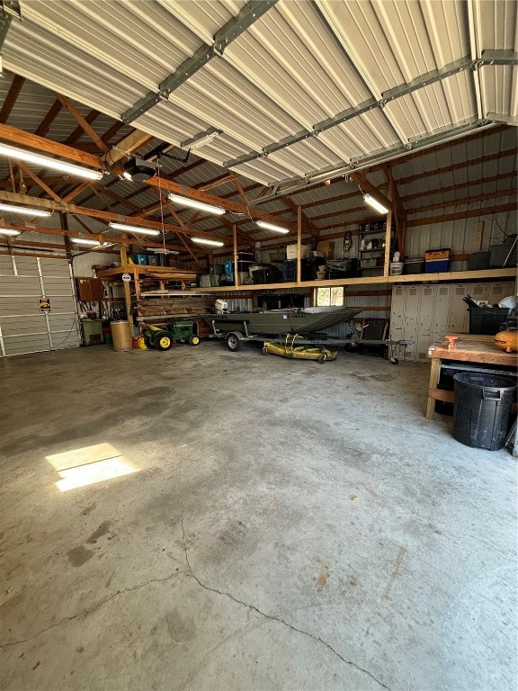 garage with a workshop area