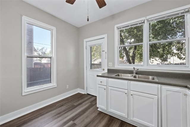 kitchen with white cabinets, ceiling fan, dark wood-type flooring, and sink