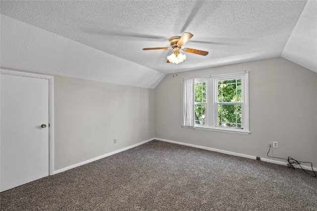 additional living space featuring a textured ceiling, lofted ceiling, and carpet flooring