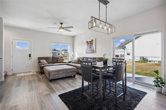 dining area with ceiling fan with notable chandelier and hardwood / wood-style flooring