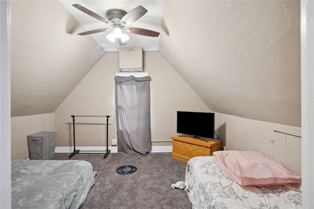 carpeted bedroom with vaulted ceiling and ceiling fan