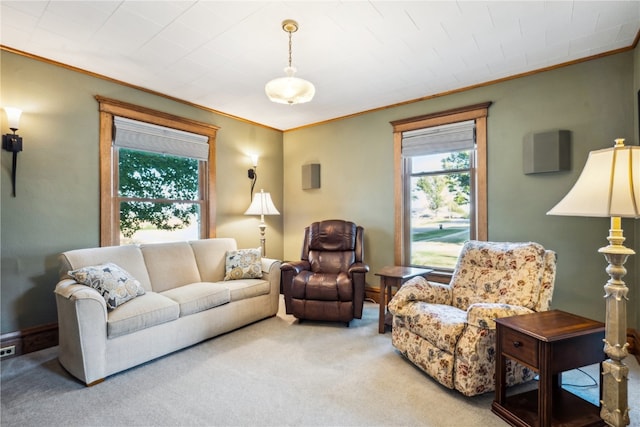 living room with carpet and crown molding